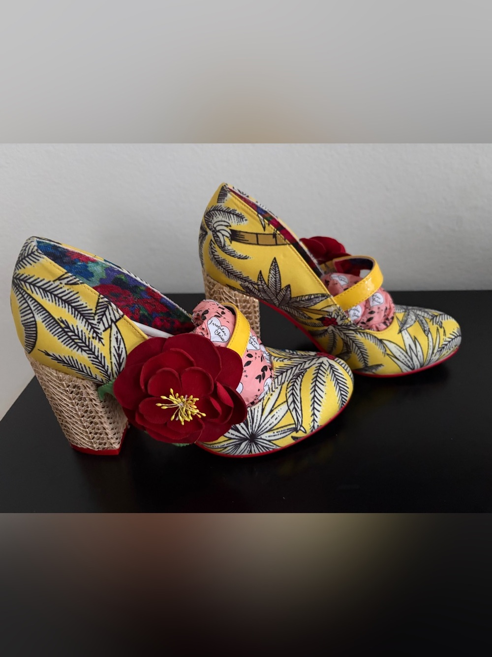 Irregular Choice Yellow Palm-Print Floral Loafers with Red Flower Accent